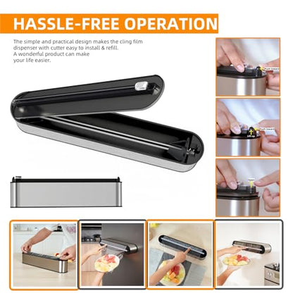 Aluminum Foil & Plastic Wrap Dispenser with Cutter - Magnetic & No-Drill Wall Mount, Stainless Steel Design, Space-Saving Kitchen organizer for Countertops & Cabinets - Fits 12" Rolls, Silver
