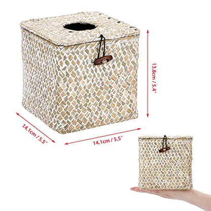 Sumnacon Tissue Box Cover Square Seagrass Tissue Box with Lid, Woven Tissue Box Holder Rustic Cube Tissue Cover for Bathroom Toilet Bedroom Living Room Kitchen Table Desk Office Car, Whitewash