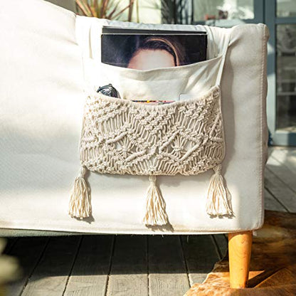 Mkono Macrame Armchair Caddy, Boho Couch Armrest Organizer, 4 Pockets Beige | Sofa Bedside Caddy, Remote Control Magazine Phone Holder, Living Room Bedroom Dorm, Boho Decor, Space-Saving Storage