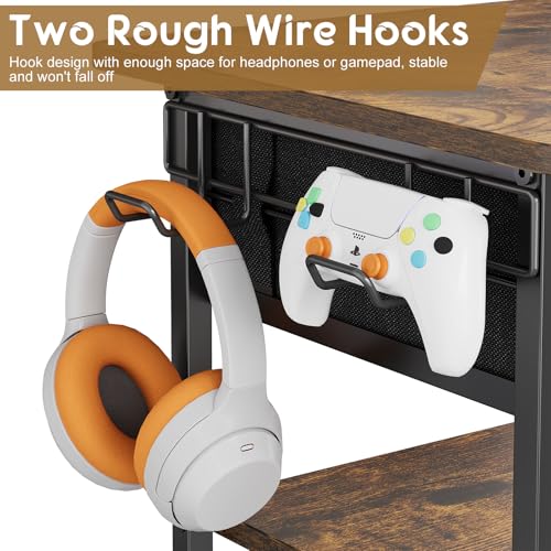 4-Tier AV Media Stand with Drawer, Gaming Console Shelf | Audio Rack Tower with 2 Hooks for PS5, Xbox, Switch, DVD Player, Record Player, Projector and TV Accessories Storage