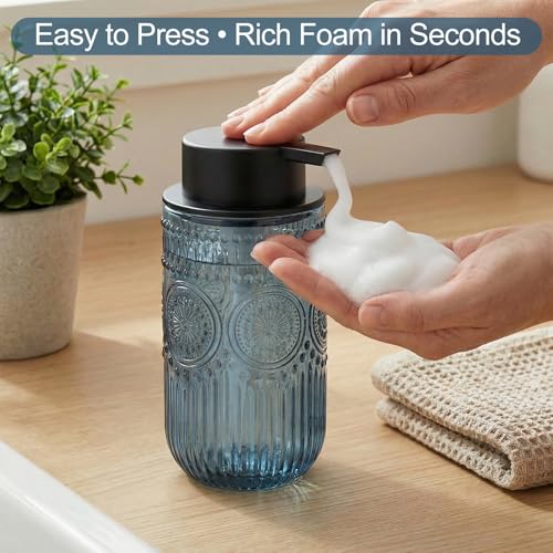 Blue Glass Foaming Soap Dispenser, 14 OZ Vintage Embossed Foam Hand Soap Dispenser, Refillable Foam Dispenser with Black Pump for Bathroom, Kitchen Decor, Large Capacity
