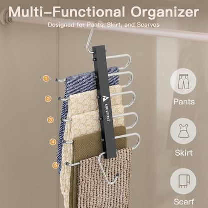 6 Pack Pants Hangers Space Saving,Closet Hanger Space Saver,Black | Stainless Steel, 5 Multi Tiers Compact Hanging Jeans Organizer,Vertical Pant Rack for Jean Leggings Trousers,Scarf