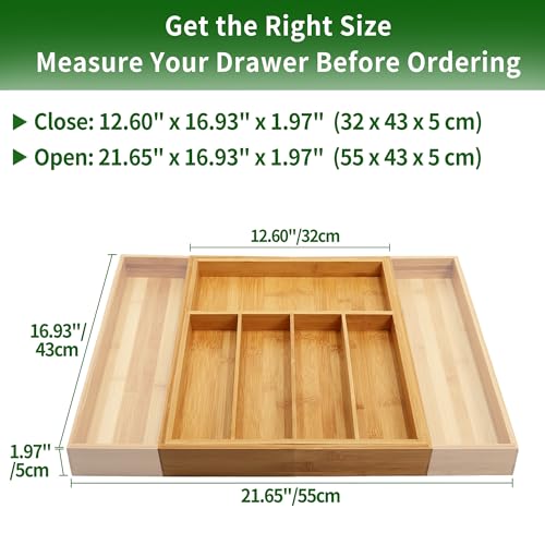 VaeFae Bamboo Drawer Organizer, Large, Natural | Expandable Silverware Organizer, Kitchen Utensil Storage, Wooden Cutlery Tray with Dividers, Fork and Spoon Holder