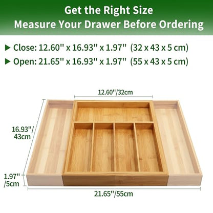 VaeFae Bamboo Drawer Organizer, Large, Natural | Expandable Silverware Organizer, Kitchen Utensil Storage, Wooden Cutlery Tray with Dividers, Fork and Spoon Holder