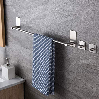 Taozun 16-Inch Self-Adhesive Towel Bar with 2 Pack Hooks, Stainless Steel | Rustproof, No Drilling, Bathroom Hardware Accessory Kit, for Kitchen, RV, Hang Towels, Robes, Keys