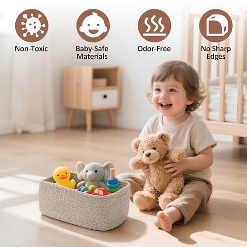 5-Pack Small Woven Rope Storage Baskets, 2 Sizes Organizer Bins | Fabric Cube Boxes and Rectangular Shallow Bins for Closet, Shelf, Bookshelf, Nursery, Changing Table, Bathroom, Toys & Home