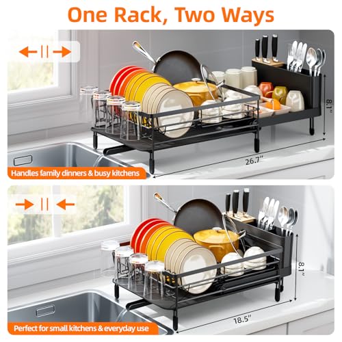Urackify Extendable Dish Drying Rack, 18.5"-26.7" L x 12.7" W, Black | Multifunctional large dish rack with cup holder and built-in cutlery holder for versatile drying needs
