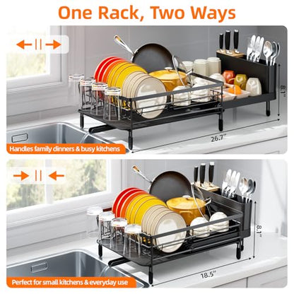 Urackify Extendable Dish Drying Rack, 18.5"-26.7" L x 12.7" W, Black | Multifunctional large dish rack with cup holder and built-in cutlery holder for versatile drying needs