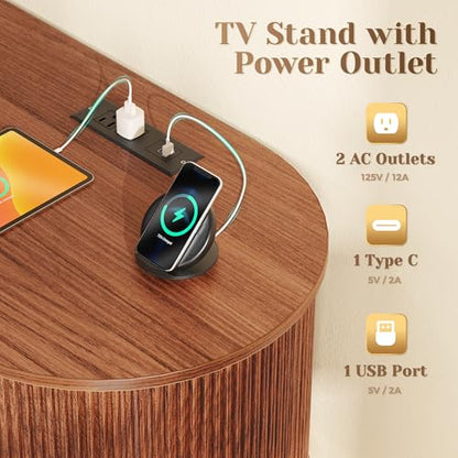 54 Inch Fluted TV Stand for TVs up to 55 Inch, TV Media Console with Power Outlets and USB-C Port, Entertainment Center with Storage, Curved Sliding Doors, Adjustable Shelf, Brown