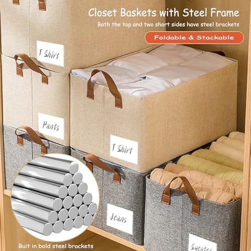AARAINBOW Linen Closet Organizer Storage Bin with Steel Frame, Stackable Fabric Jeans Baskets for Shelves, 4 Packs Foldable Wardrobe Clothes Box for Sweater Pants Clothing Towel Shirt Felt, 23L Beige