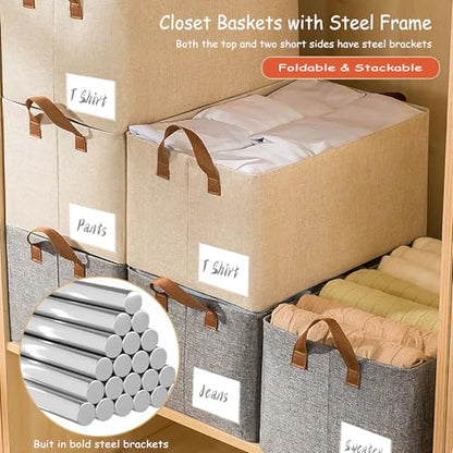 AARAINBOW Linen Closet Organizer Storage Bin with Steel Frame, Stackable Fabric Jeans Baskets for Shelves, 4 Packs Foldable Wardrobe Clothes Box for Sweater Pants Clothing Towel Shirt Felt, 23L Beige