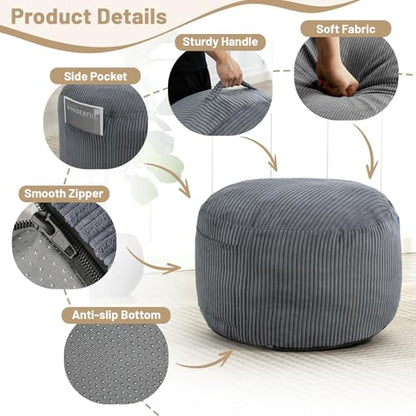 Round Stuffed Pouf Ottoman (Gray, 20" D x 20" W x 15" H) | Corduroy Foot Rest with Rebound Foam Filling, Furry and Fluffy Foot Stool Ottoman, Floor Poufs for Living Room