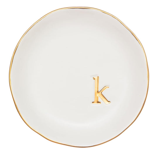 COLLECTIVE HOME Ceramic Jewelry Tray, Trinket Dish, Gifts for Women (K) | Mother's Day, Birthday, Christmas, Engagement Gifts, Vanity, Nightstand Decor, Embossed Gold Monogram Ring Dish with Gift Box