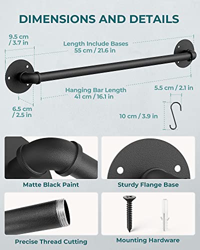 OROPY 21'' Pot Rack Wall Mounted, Iron Pipe Hanging Rack, 10 S Hooks, 2Pack | Industrial Utensils Kitchen Hanging Rail, Pot and Pan Organizer, Pot Lid Organizer, Black