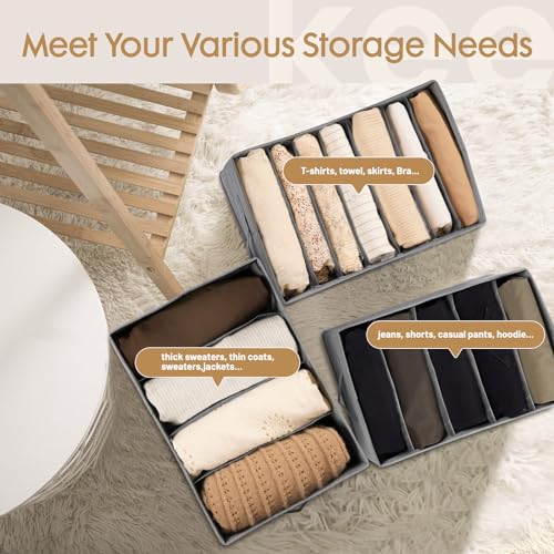 6 Pack Large Clothes Organizer, Wardrobe Closet Organizer and Storage with Handles, Foldable Fabric Closet Organizers Dividers for Clothing, Pants, Jeans, Sweater, T-shirts, Grey