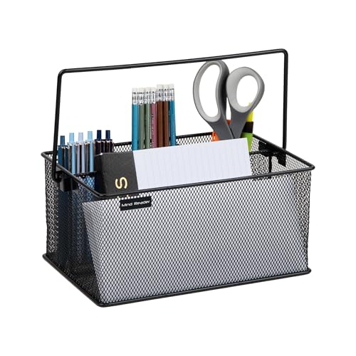 Mind Reader Multi-purpose Storage Caddy with Handle, Desktop Organizer, Cutlery Holder, 4 Compartments, Metal Mesh, Black