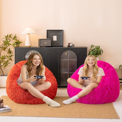 Hot Pink fluffy bean bag chair covers (No Filler), comfy Plush Hot Pink bean bag chair Cover for bedroom, stuffed animal Storage, kids adults teens girls bean bag chairs, Anti-Slip