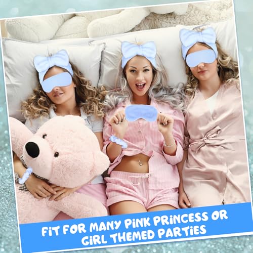 30 Pcs Spa Sleepover Party Supplies 6 Bow Makeup Headband 6 Plush Sleep Eye Mask 6 Velvet Scrunchies 6 Makeup Remover Cloth 6 Clear Cosmetic Bags for Women Slumber Party Favors (Blue)