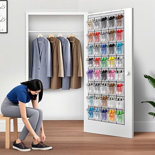 40 Large Mesh Pocket Over the Door Shoe Organizer,Hanging Shoe Rack for Door,Hualleko Shoes Organizer Hanger with Large Capacity, Shoes Storage Holder Sturdy Non-woven Fabric - Stores 20 Pairs (White)
