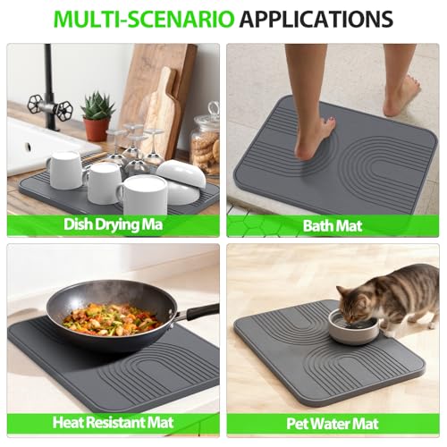 2 PCS Stone Dish Drying Mat ＆ Silicone Mat for Kitchen Counter – Diatomaceous Earth Bath Mat for Bathroom, 16.14"L×12.4"W×2 Quick Dry Mats for Dishes ,Bottles, Cups, Match Any Countertop(Gray)