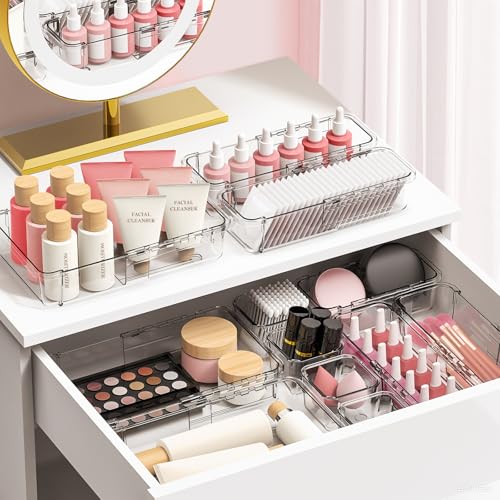 DILIBRA 16 Pcs Clear Extendable Drawer Organizer, Adjustable Drawer Storage | 3-Size Desk Drawer Organizer, Plastic Non-Slip Storage Bins for Makeup Cosmetic Jewelries Utensils Stationery Dressers Tool