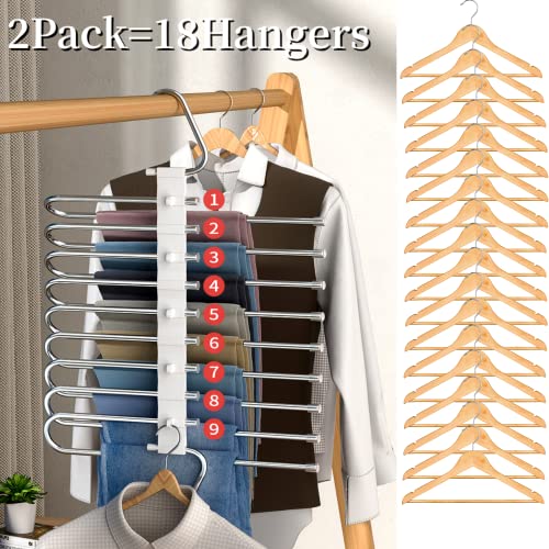9 Layers Pants Hangers Space Saving Non-Slip Closet Organizer 2 Pack | Metal Space Saving Hangers Multi-Layer Multifunctional Rack Closet Organizers and Storage for Skirts Jeans Trousers(White)