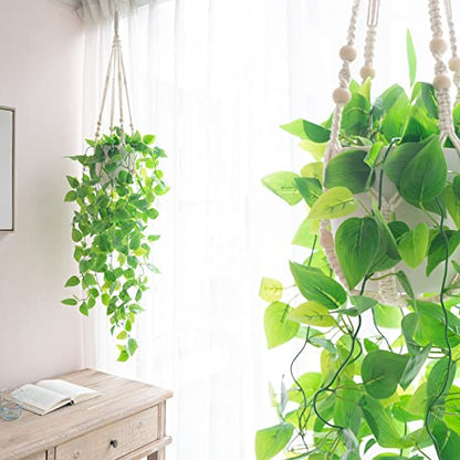 Mkono Fake Hanging Plant, Macrame Hanger with Pothos Vines & Pot, Ivory | Artificial Hanging Plants for Home Decor Indoor, Realistic Look, Perfect for Bedroom Bathroom Kitchen Office Boho Display