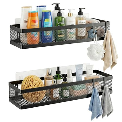 PUSDON 16.5-Inch Extra Long Slim Mesh Shower Caddy, Wall Mounted Bathroom Organizer with Adhesive, Heavy Duty Rustproof Shelf for Narrow Kitchen Pantry & RV, Holds 50 LBS 2-Pack - Matte Black Netting