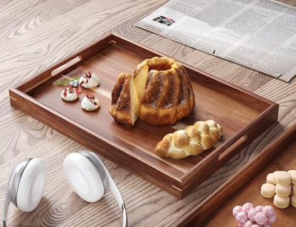 Fibogollo Set of 2 Acacia Wood Serving Tray with Handles | Decorative Trays Platter,Breakfast Tray in Bed,Food Drinks Tray for Eating,Working,Storing
