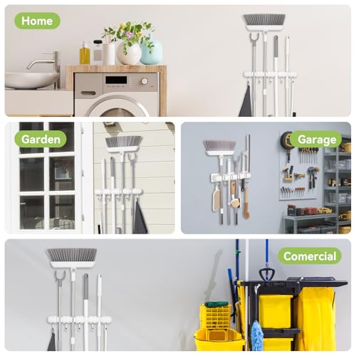 OTraki Broom Holder Wall Mount, No Drill Mop and Broom Organizer | with 4 Slots and 5 Hooks, Garden Tool Hanger for Laundry Room Closet Kitchen Garage Storage and Organization