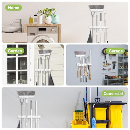 OTraki Broom Holder Wall Mount, No Drill Mop and Broom Organizer | with 4 Slots and 5 Hooks, Garden Tool Hanger for Laundry Room Closet Kitchen Garage Storage and Organization