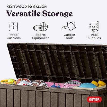 Keter Kentwood 92 Gal Outdoor Storage Box for Patio and Pool Accessories | Brown, Resin, Large, Weatherproof, Lockable, Durable, Easy Assembly, Organization, Patio Cushions Storage