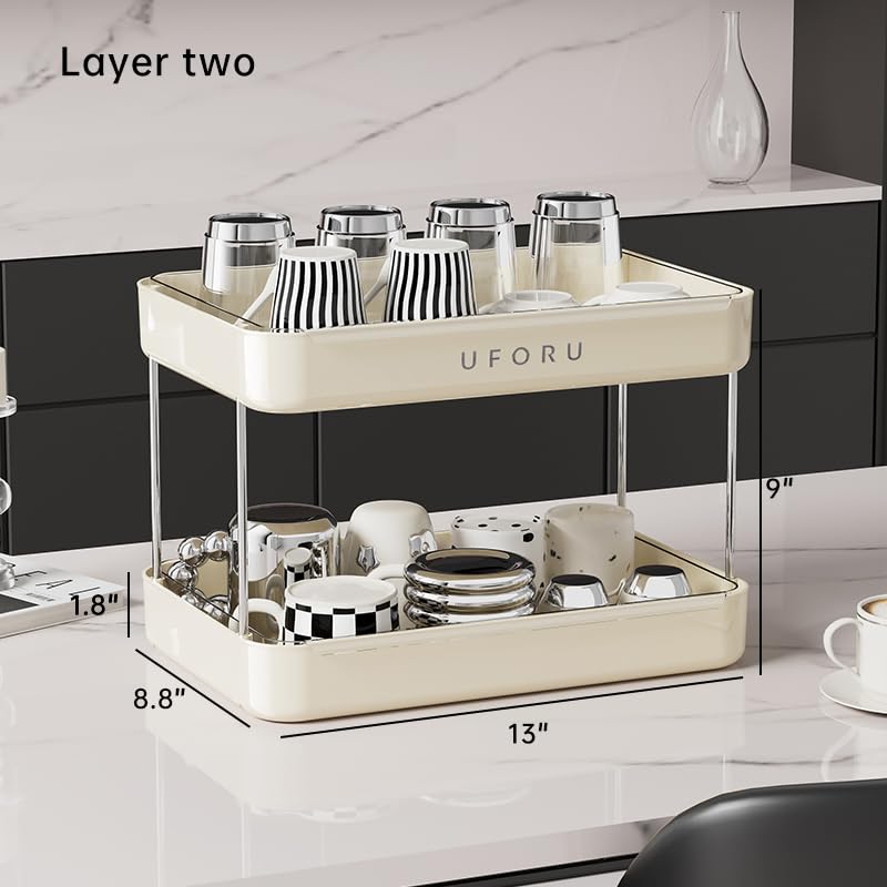 UFORU Countertop Coffee Station Organizer,Cup Rack,Mug & Wine Glass Holder | 2-Tier Cream White Mug Shelf with Removable Drain Tray,Bathroom Countertop Organizer,Spice Rack for Kitchen