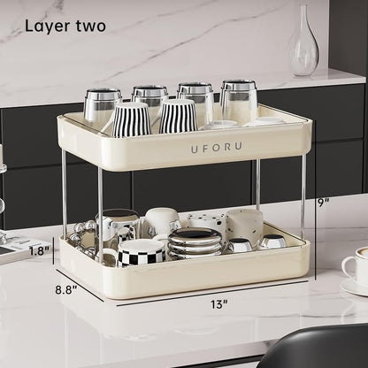 UFORU Countertop Coffee Station Organizer,Cup Rack,Mug & Wine Glass Holder | 2-Tier Cream White Mug Shelf with Removable Drain Tray,Bathroom Countertop Organizer,Spice Rack for Kitchen