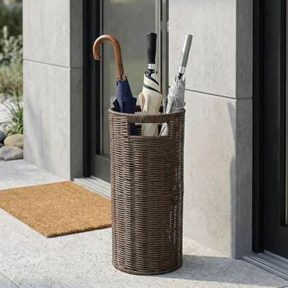 Rattan Umbrella Holder for Entryway with Drip Tray, Round Umbrella Stand for Indoor & Outdoor, Tall Wicker Basket for Storage, Woven Organizer for Home, Office, Hotel, Shop, Brown