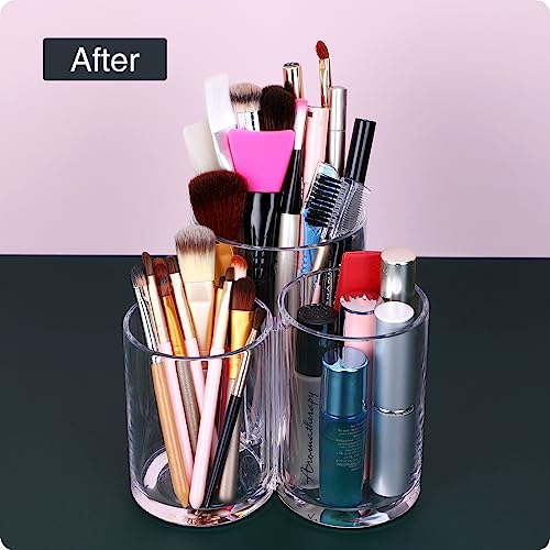 MOSIKER Hair Brush Holder, Clear Acrylic Makeup Brush Organizer, 3 Sections | Connected open-top cylinders in varied heights sort combs, mascara, eyeliner, lip pencils, pens and small remotes.