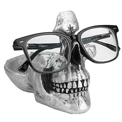 Mrlikale Skull Glasses Stand Holder, Creative Eyeglasses Holder (Silver) | Sunglasses Spectacle Display Rack, Key Holder Resin Sculptures for Entryway, Home, Office, Desk, Nightstand