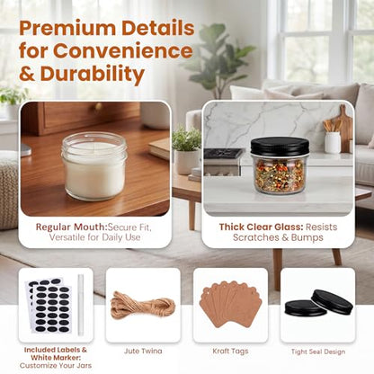 40 Packs 4oz Mini Mason Jars with Lids(Black), Small Canning Glass Jars
