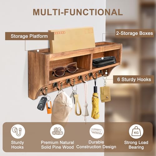 Key Holder Wall Mount with Mail Organizer, 6 Hooks & Shelf, Brown | Wood Key Holder Wall Mount with 6 Key Hooks, Shelf & Storage Box and Mail Organizer for Entryway, Apartment, Home and Office