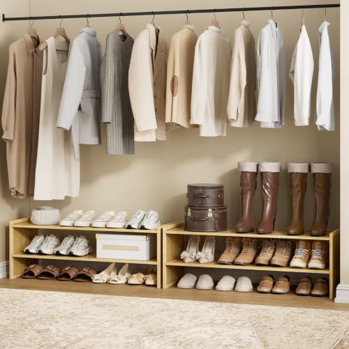 2 Tier Bamboo Shoe Rack, Extended Wood Shelf for Closet | Extended length fits more pairs. 6.7in height holds boots. Versatile for plants, books, sundries.