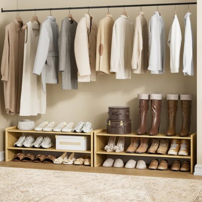 2 Tier Bamboo Shoe Rack, Extended Wood Shelf for Closet | Extended length fits more pairs. 6.7in height holds boots. Versatile for plants, books, sundries.