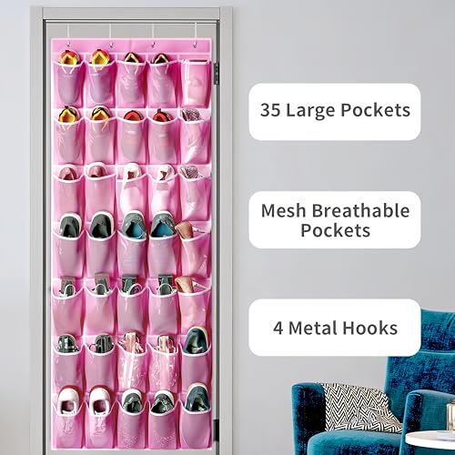 SAVERHO 35 Pockets Over the Door Shoe Organizer, Hanging Shoe Organizer for Door with 35 Mesh Pockets Large Capacity Shoe Hanging Storage Bag with 4 Metal Hooks (Pink-1Pack)