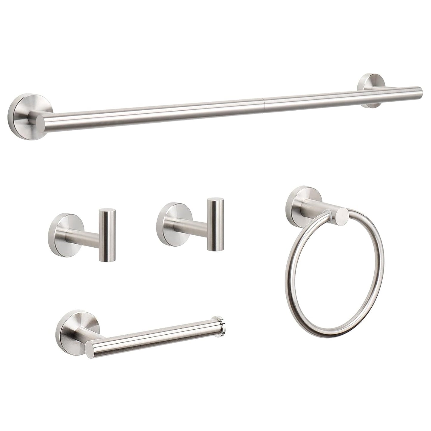 NearMoon 5 Pieces Bathroom Hardware Set SUS304 Thicken Stainless Steel-Towel Rack Kit Include 24" Towel Rod +Bath Towel Ring +Toilet Paper Holder +2 Robe Towel Hooks Bath Accessories (Nickel)