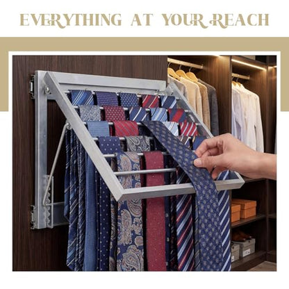 Blulu 13.8'' Sliding Tie Rack for Closet(Right Pull-Out), 60 Tie Pull Out Belt Hanger Wall Mounted Extending Metal Belt Organizer,Sliver
