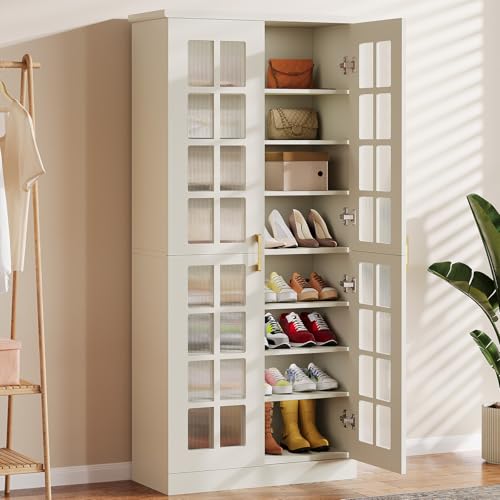 Tribesigns Tall Shoe Cabinet with Doors, 8-Tier Modern Shoe Storage Cabinet | Shoe Rack Cabinet with Adjustable Shelves, Stable and Sturdy, Tall Shoe Organizer for Entryway, Hallway, Closet, White