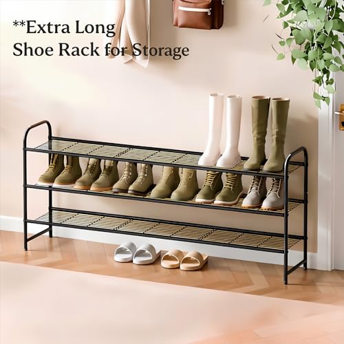 Ekisemio 3-Tier Long Metal Shoe Rack, Wide Stackable Shoe Organizer for Closet & Entryway, with Sturdy Wire Grid Storage Shelf for Bedroom, Black