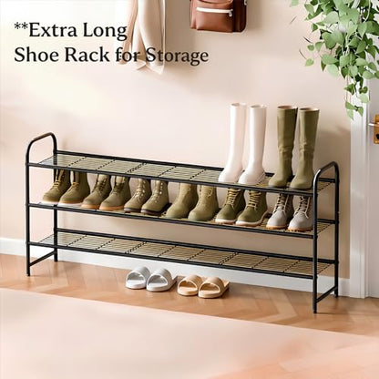 Ekisemio 3-Tier Long Metal Shoe Rack, Wide Stackable Shoe Organizer for Closet & Entryway, with Sturdy Wire Grid Storage Shelf for Bedroom, Black