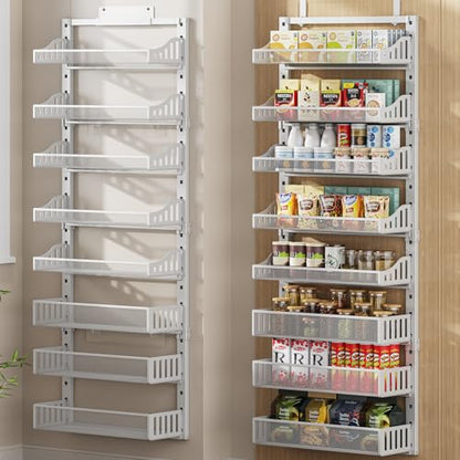 Over the Door Pantry Organizer 8-Tier, Large Metal Door Spice Rack with Adjustable Basket, 2 in 1 Wall Mount or Hanging Heavy-Duty Pantry Door Storage Shelf for Kitchen and Bathroom, White