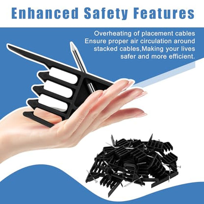 Cable Stackers 200 Pack, Multi-Cable Electrical Wire Clips with Steel Nails | Durable Black Plastic Electrical Wire Staples for Power and Telephone Cables, Hammer-In Design Organizes Thick and Thin Cords