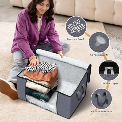 6 Pack Storage Bags for Clothes Blanket Storage Bins with Lids | Foldable Closet Organizers with Zippers,Window and Handles,Fabric Storage Bins for Sweater,Comforter,Bedding,Dorm essentials